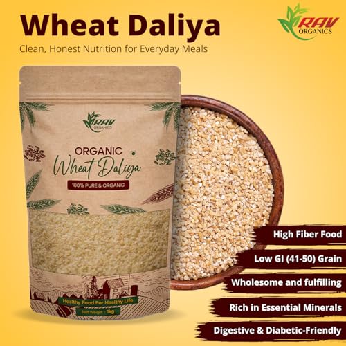 Image of RAV Organic NPOP Certified Organic Wheat daliya 1kg | Broken Whole Grain Daliya | Fibre & Protein Rich Gehu ka Dalia | Low GI Breakfast, Ideal for Porridge, Cereal & Meals | Broken Wheat Dalia for baby food | Non-GMO| Clean Lable | Full of Nutrients