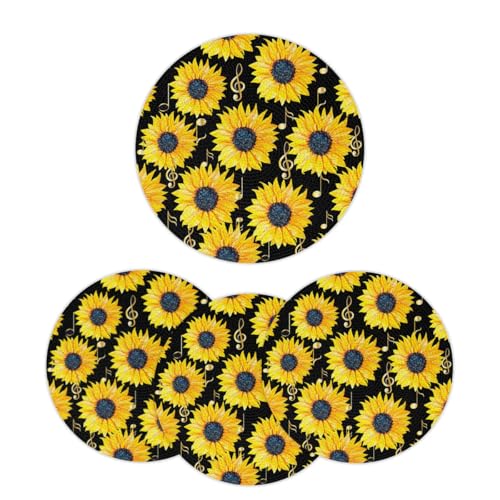 Mintoprints Juego de 4 manteles individuales redondos trenzados con diseño de girasoles, manteles individuales lavables para mesa de cocina, comedor, 38 cm