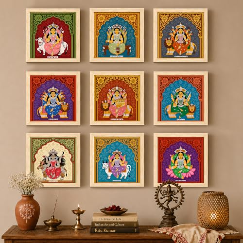 Image of Nine Forms of Nav Durga Wall Art Painting Set of 9 with Frames 9x9 Inch, Hindu Goddess Navratri Decorative Wall Paintings & Showpiece, Spiritual Religious Wall Decor for Living Room, Pooja Room