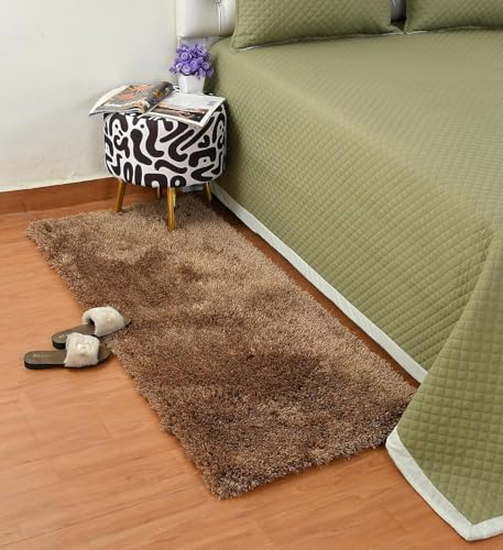 Image of AROMICK Modern Polyester Anti Slip Rectangular Shaggy Fluffy Rug and Carpet for Living Room, Bedroom & Dining Room (2 x 3 Feet, Beige)
