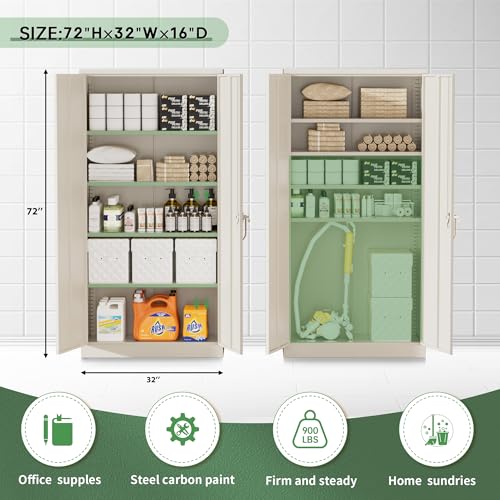 Image of Greenvelly Metal Storage Cabinet, Gray Locking Steel Cabinet with 2 Doors and 4 Adjustable Shelves, 71 inch Utility Metal Filing Cabinet with Lock for Home Office, Garage, Classroom