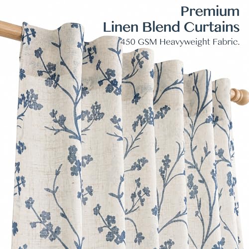 Image of Floral Linen Shree Printed Curtains 120 Inches Light Filtering Vintage Farmhouse, Back Tab Rod Pocket Cottage Core Drapes for Living Room Bedroom Dining Room, Navy Blue on Beige, 2 Panels