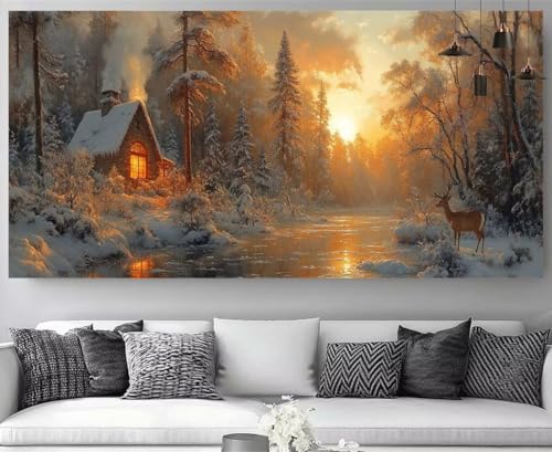 Broderie Diamant Kit Complet XXL 50x150cm Coucher de Soleil d'Hiver Toile Strass Cristal 5D