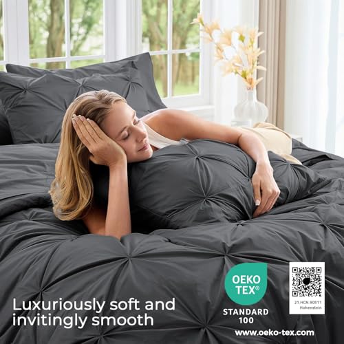 Image of Sasttie King Size Comforter Set, 7-Piece Bed in a Bag, Pintuck Bedding Sets for All Season, Includes Comforter, Flat Sheet, Fitted Sheet, Pillowcases and Pillowshams, Dark Grey