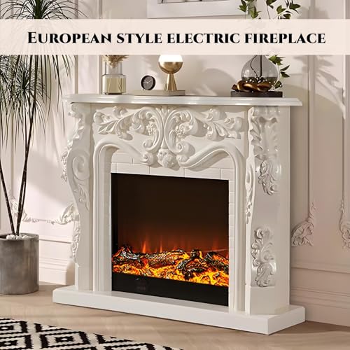 Image of Electric Fireplace with Mantel - Real Flame Effect Electric Fireplace Include European Style Carving,Freestanding TV Stand Includes Decorative Insert Firebox for Living Room (White,47.24'')