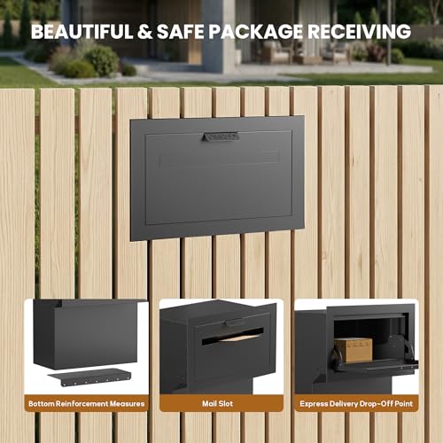 Image of Large in-Fence Parcel Drop Box - Easy Assembly Through-the-Wall Package Delivery Box with Rear Access Door - Anti-Theft Locking Mailbox for Packages and Mail (Sleek Black Steel)