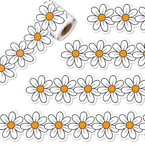 Image of Whaline 32.8 Ft Retro Daisy Flower Bulletin Board Border White Yellow Groovy Daisy Floral Die-Cut Border Trim for Back to School Chalkboard Wall Decoration