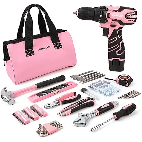 COMOWARE 12V Pink Cordless Drill Home Tool Kit, Pink Drill Set for Women, Lady's Home Repairing Tool Kit Hand Tool Set for DIY Large-Capacity Tool Storage Bag Included Cover