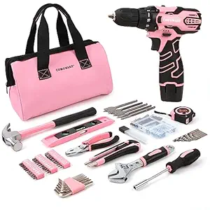 COMOWARE 12V Pink Cordless Drill Home Tool Kit, Pink Drill Set for Women, Lady's Home Repairing Tool Kit Hand Tool Set for DIY Large-Capacity Tool Storage Bag Included