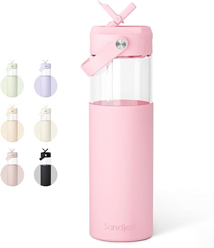 Miniatura 9 de SANDJEST Botella de agua de vidrio con funda de silicona y tapa con popote de 20 onzas para niñas y mujeres, botellas de vidrio para viajes, hogar,