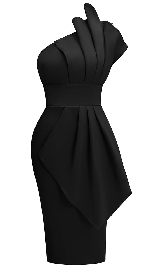 Memoriesea Womens Elegant One Shoulder Pleated Detail Bodycon Party Club Midi Dress