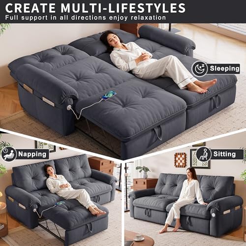 77" Queen Size Sofa Bed, Loveseat Sleeper Sofa with Pull Out Bed, Pockets and USB, Modern 2 Seater Convertible Small Couch for Living Room Bedroom Apartment, Gray - Thumbnail 4