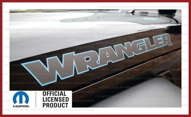 Decal Mods Wrangler - Calcomanía gráfica de vinilo para capó Jeep WranglerWrangler JLJT (2007-2022), gris con contorno azul claro (4 unidades)