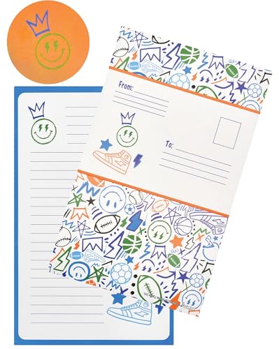 Image of iscream + Corey Paige Designs Fold and Send Boys Stationery - Let's Go! | 8 Pack, Fun Print, Large Format 8.7 inch x 5.4 inch Cards, Sturdy Lenticular Picture Changing Stickers, Summer Camp Ready