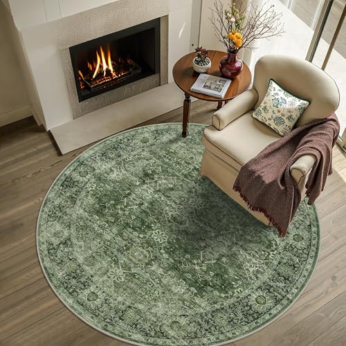 Round Rug 4ft Green Vintage Washable Circle Rug for Entryway Kitchen