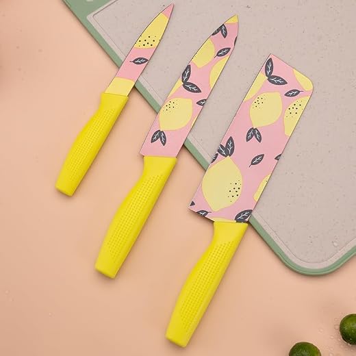 CRENTROVA 3-Piece Printed Stainless Steel Kitchen Knife Set, Floral Non-Stick Coated Blades, Ergonomic Handle,Utility &amp; Sl...
