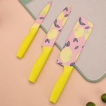 Stainless Steel 3 Pieces Professional Kitchen Knife Set Chef Knife with Non-Slip Handle Sharp Manual Sharpening for Home Kitchen,Restaurant, Black Non-Stick Coated Blades (Yellow)