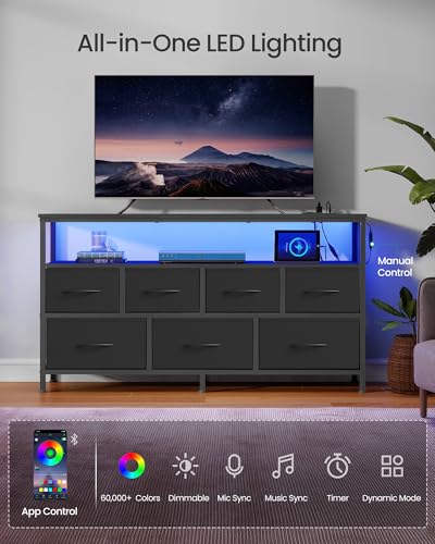 Image of SONGMICS BELLAH Collection - Dresser for Bedroom with App-Controlled LED Lights and Charging Station, Chest of Drawers, TV Stand, 7 Drawers, Shelf, Modern, Ink Black ULGS733BH02S