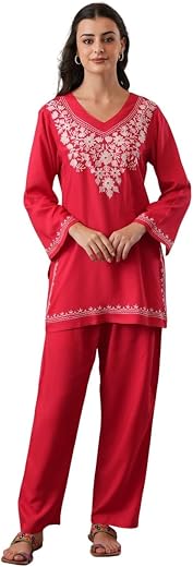 QAZMI Women's Kashmiri Aari Embroidered V-Neck Full Sleeves Viscose Rayon Co-Ord Set