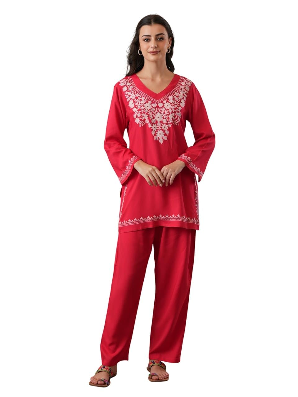 QAZMI Women's Kashmiri Aari Embroidered V-Neck Full Sleeves Viscose Rayon Co-Ord Set - Review, Price and Buying Guide