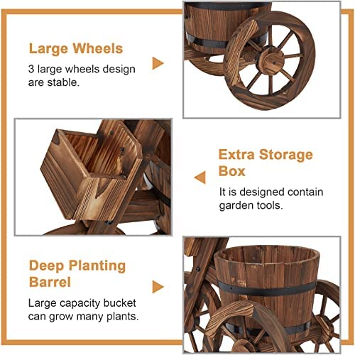 Kinsunny Wood Cart Garden Planter Pot W/3 Wheels Barrow Wagon Flower Barrel Outdoor Decoration For Patio Lawn Backyard #TOP7