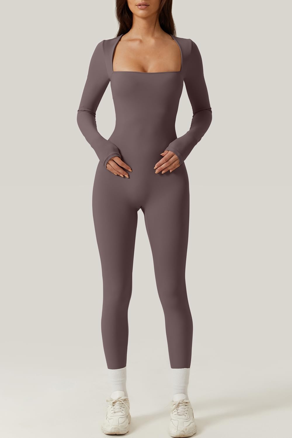 QINSEN Womens Sexy Square Neck Long Sleeve Full Length Leggings Bodycon Stretch Jumpsuit - Image 3