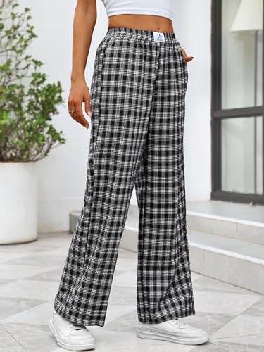 Image of ANRABESS Womens Gingham Striped Boxer Pants | 2026 Fall Outfits,Wide Leg Elastic Waist with Pockets,Casual Lounge Pajama Bottoms,Lightweight Breathable,Fashion Clothing