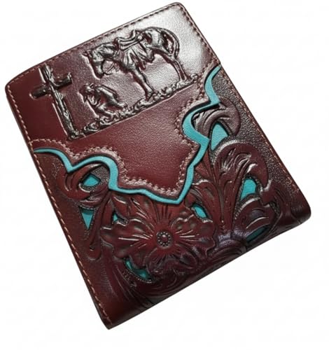 Western Stakes Men’s Short Leather Wallet – Embossed Cowboy Praying at Cross with Laser Cut Design – Christian Western Bifold Wallet for Ranchers, Cowboys & Faith-Based Gifts