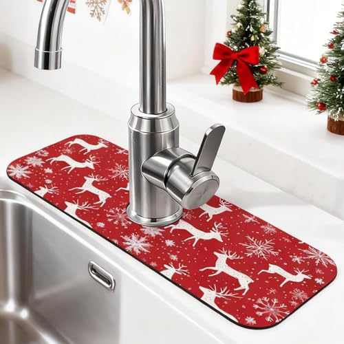 Sink Faucet Mat Deer Snowflakes Kitchen Splash Guard Absorbent Bathroom Sink Mat Around Faucet 15
