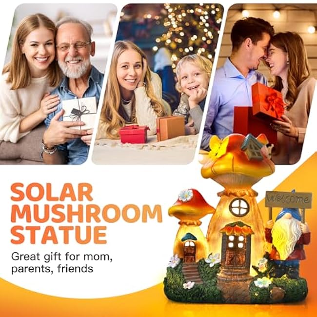 Solar Garden Statue Lights Mushroom Fairy House Figurine, Outdoor Memorial Garden Ornaments Waterproof Decoration for Outside Patio Yard Lawn Decor