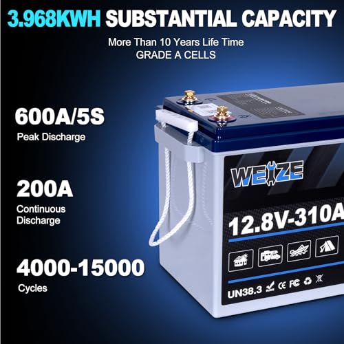 Image of WEIZE 12V 310AH Bluetooth LiFePO4 Lithium Battery, Grade A Cells, 200A BMS, Low-Temp Protection Deep Cycle 600A /5S Peak Discharge Battery for Marine, Solar System, RV, Camping, Off Grid