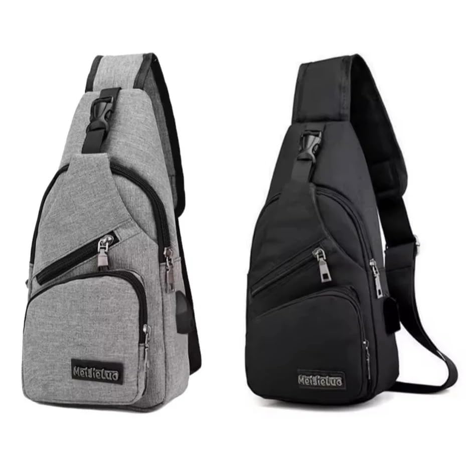 Mochila Transversal Masculina e Feminina, Bag Pochete de Ombro com Entrada Usb, Anti-Roubo, Impermeável, Múltiplos Compartimentos - Cinza e Preto - Linha Premium M5 Armarinhos (Preto)