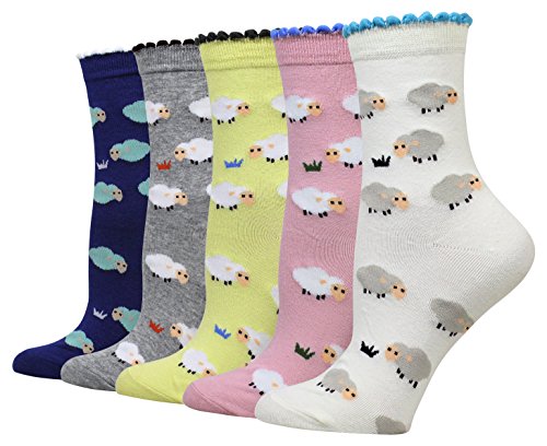 Cansok Women Animal Novelty Dress Crew Socks (Sheep - 5 pairs)