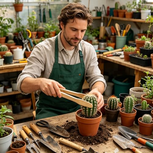 Pinza para trasplante de cactus con mango largo de bambú miniatura 5