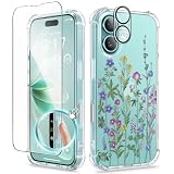 GVIEWIN for iPhone 16 Case Floral, with Screen Protector&Camera Lens Protector, [Non Yellowing]Soft Shockproof Clear Phone Protective Cover for Women, Flower Pattern Design 6.1'(Arab Speedwell/Green)