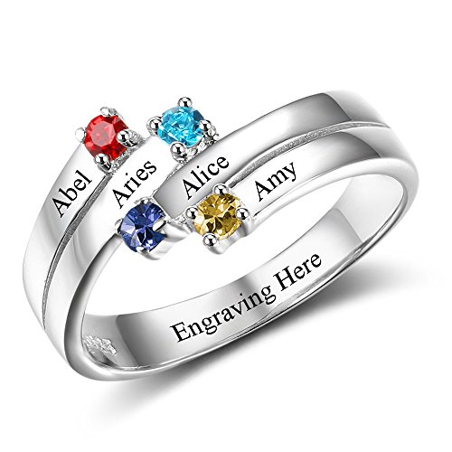 Love Jewelry Personalized Sterling Silver Mothers Rings with 4 Simulated Birthstones Custom 4 Names Family Promise Rings for Women