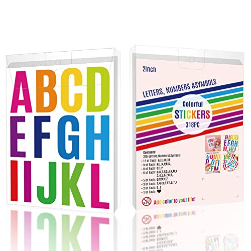 24 Sheets Large Letter Stickers, 318 Pcs 2 Inch Alphabet Stickers, Vinyl Bulletin Board Letters for Kids School Project Class Bulletin Board Crafts Mailbox Home Aldults DIY Decor (Colorful)