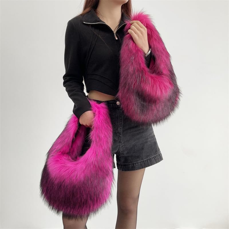 Image of Faux Fur Hobo Shoulder Bag for Women - Large Cute Fluffy Tote Plush Handbag Y2K Furry Purse