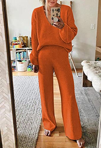 Image of Viottiset Women's 2 Piece Outfits Casual V Neck Knit Wide Leg Sweater Lounge Set Sweatsuit