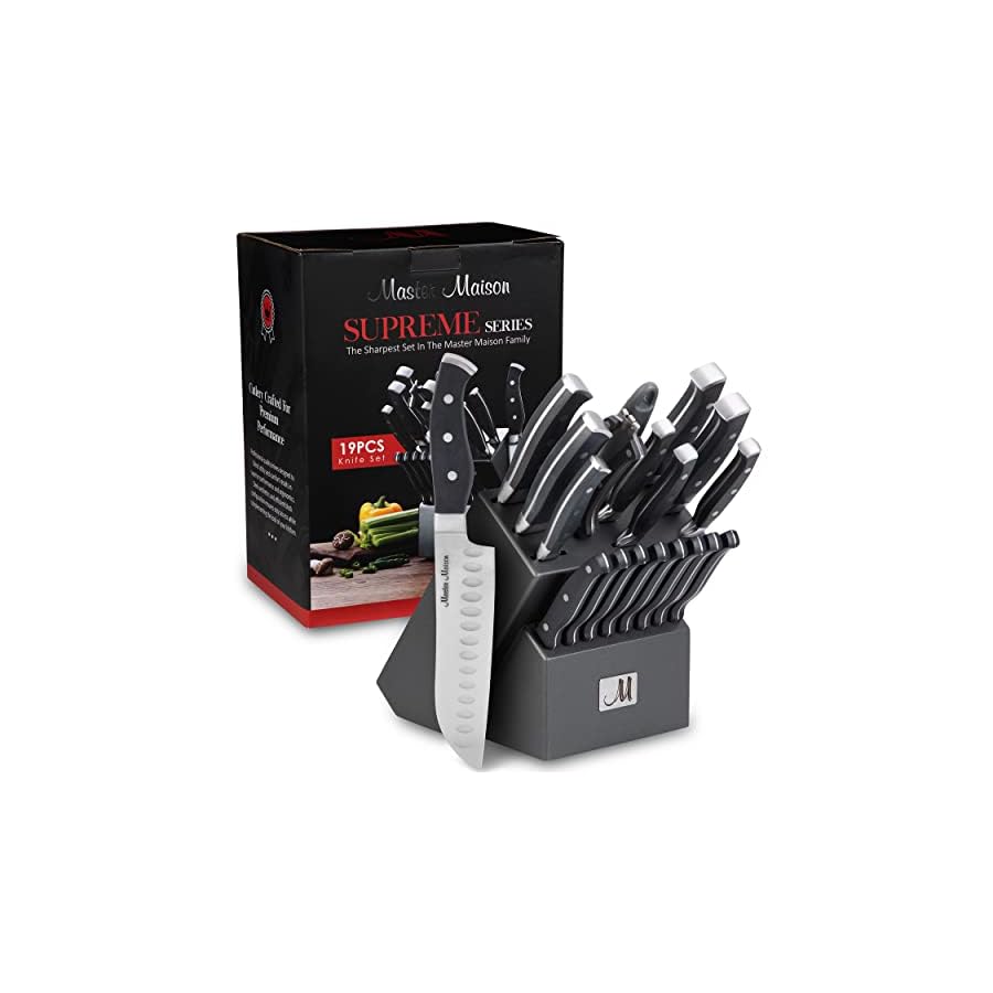 19-Piece-Kitchen-Knife-Set-With-Wooden-Block-Best-German-Forged-Stainless-Steel-Knife-Sets-for-Kitchen-with-Block-Professional-Use-Paring-Chef-Carving-8-Steak-Knives-Knife-Sharpener-Shears Master Maison 19-Piece Kitchen Knife Set with Wooden Block and Knife Sharpener