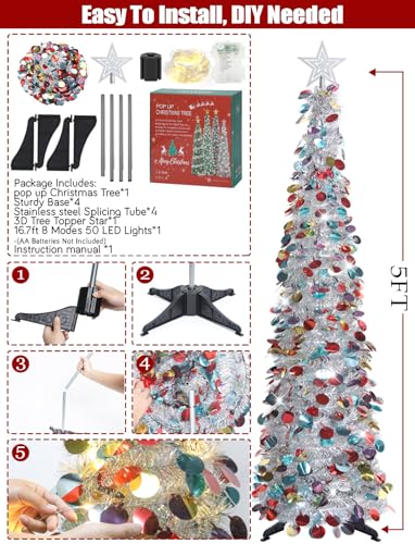 HMASYO Albero di Natale Artificiale da 150 CM con 50 Luci LED Calde - Fiocchi di Neve Pop Up Pieghevoli Paillettes Alberi di Natale Decorazioni Natalizie per Camino Home Office - 7