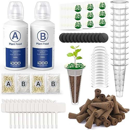iDOO 138pcs Hydroponic Pods Kit with 24 Grow Sponges, 12 Grow Baskets, 12 Grow Domes, 12 Cover, 12plant Tags, 60 Pod Labels, 6 A&B Plant Food, Compatible with All Brands Hydroponics Supplies