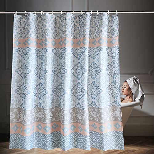 WedDecor Bathroom Shower Curtain Waterproof, Heavy Duty 100% Polyester Fabric Curtains Liner with 12 Curtain Hooks, 180cm x 200cm, White, Blue & Peach