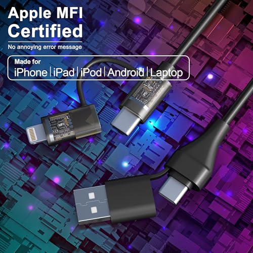 كابل لايتنينج وUSB C 4 في 1 60 وات [توصيل طاقة ومعتمد من آبل ونقل البيانات]، كابل ملفوف قصير يدعم كاربلاي واندرويد اوتو، كابل شحن كومبو 4 في 1 نوع سي/لايتنينج/USB ايه لآيفون 15 14/اندرويد/باد/لاب توب