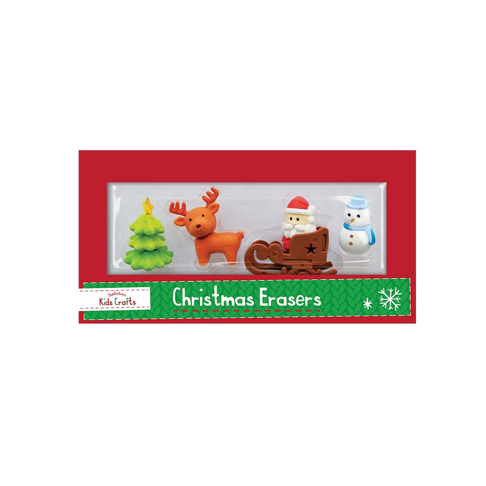 Xmas Erasers, Children's Christmas Stocking Filler and Party Favours, Assorted Festive Designs Rubbers Set of Santa, Reindeer, Snowmen and Tree – Pack of 4