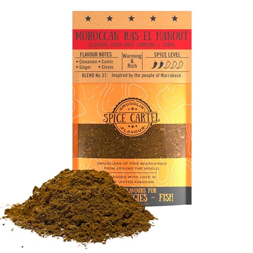 Mélange d'épices Ras El Hanout de Spice Cartel. Mélange d'épices marocain, idéal pour de savoureux tajines. Sachet refermable de 100 g. Assaisonne plus de 3 kg de protéines. Mélange artisanal de quali