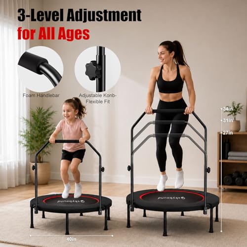 Image of SkyBound Rebounder Trampoline for Adults - Indoor Mini Trampoline with Bar, Fitness Rebounder with 3 Adjustable Foam Handles, Exercise Trampoline for Adults Indoor /Garden Workout