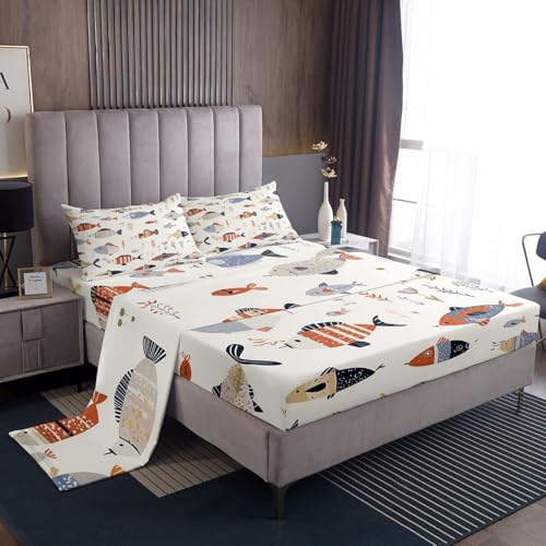 Image of jejeloiu Fish Bed Sheets Set Full Size Ocean Sea Animal Deep Pocket Fitted Sheet Marine Theme Bedding Sets Marine Theme Soft Bed Set 4Pcs with 2 Pillow Cases