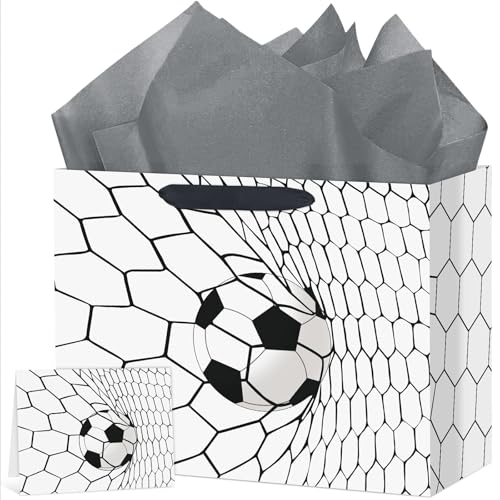 Abilat Large Soccer Birthday Gift Bag with Tissue Paper and Greeting Card Reusable Soccer Birthday Party Favors Wrapping Bag for Boys Men Sports Themed Party Decoration Supplies
