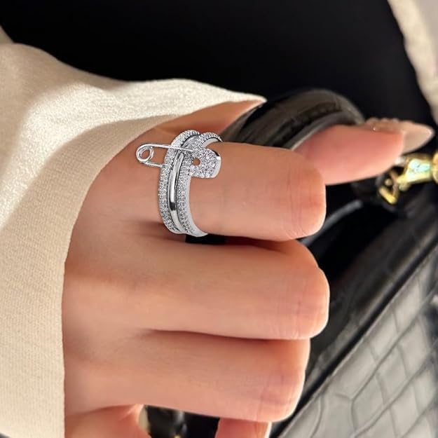 Thumb Rings for Women, Safety Pin Ring Set, 18K Gold Plated Rings, Silver Cz Cubic Zirconia Rings, Rose Gold Ring for Her, Hypoallergenic Stackable Rings, Ring Size 5-10 - Image 4